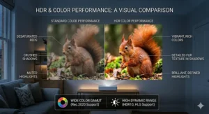 A visual demonstration of HDR and Wide Colour Gamut performance, showing intensely vibrant, detailed colours and deep blacks on a red squirrel image.