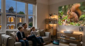 A 4K projector displays a vibrant image of a red squirrel in a British living room at dusk, showcasing ambient light rejection technology against warm interior lights and a view of neighbouring houses.