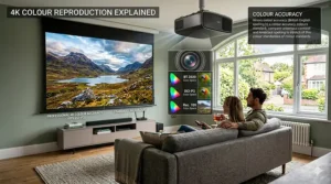 An informational graphic explaining professional 4K colour reproduction, comparing Rec. 709, DCI-P3, and BT.2020 colour standards.