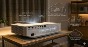 Rear panel view of a 4K laser projector highlighting connectivity ports, including HDMI 2.1, eARC, and USB-C, for gaming consoles and smart home ecosystems.