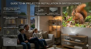 A high-definition guide illustrating optimal throw distance, keystone correction, image alignment, and smart integration within a British living space.