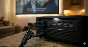 Close-up of the rear ports of an affordable home cinema projector showing HDMI and USB connections to a streaming device.