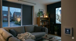 A home cinema setup using blackout blinds to control ambient light and enhance projector image contrast.