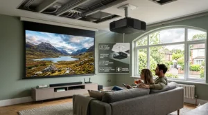 Technical illustration showcasing a professional ceiling-mounted projector installation, including cable management and vibration dampening features.