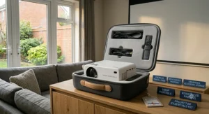 A sleek, portable 1080p projector being used for an outdoor movie night in a UK garden.