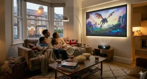 A British family enjoying a film night together in their living room using a budget home cinema projector setup.