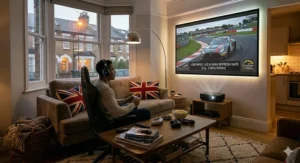 A video gaming setup with a low-latency budget projector displaying a fast-paced console game on a bedroom wall.