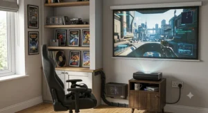 A bright 1080p projector image clearly visible in a dimly lit home cinema room in a UK flat.