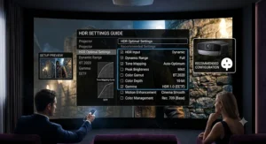 On-screen menu interface showing recommended HDR settings for a projector to get the best picture quality.