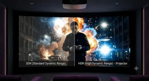 An illustration highlighting improved highlight detail and deeper shadows on a projector screen using HDR technology.