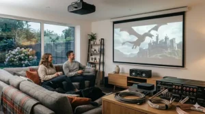 A high-fidelity home cinema projector setup in a UK lounge, featuring a premium centre-channel speaker on the media unit below the projector screen while a couple relaxes on the sofa.