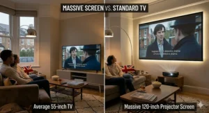 Visual comparison showing a traditional flat-screen television next to a 100-inch home cinema projector screen layout.