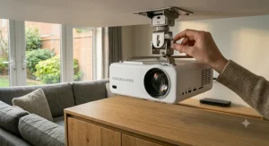 A step-by-step diagram illustrating the safe installation of a budget projector using a universal ceiling mount bracket.