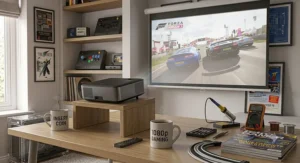 A diagram illustrating the ideal throw distance and position for setting up a 1080p projector in a lounge.