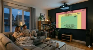 An illustration demonstrating the recommended seating distance from the projector screen for optimal viewing quality.