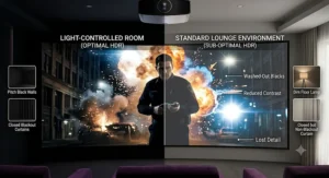 Comparison of HDR projector performance in a light-controlled room versus a standard lounge environment.