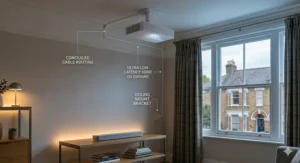 A minimalist ceiling installation of a white 4K projector in a British home, featuring concealed cable routing and eARC audio integration, looking toward traditional sash windows.