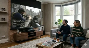 A gamer using a 4K projector for a smooth, high-resolution gaming experience with minimal input lag.