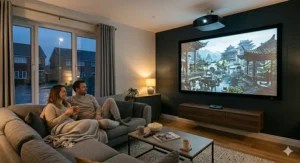A clean, minimalist home cinema projector setup designed for modern British interior decor.