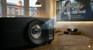 Detailed close-up of a high-quality glass lens on a home cinema projector under £500 showcasing focus and clarity.