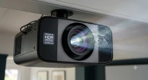 A native 4K HDR projector displaying a vibrant, cinematic film scene on a large screen in a contemporary British living room with soft, natural daylight.