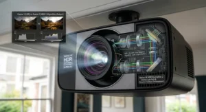 A high-detail, photorealistic close-up of a 4K HDR projector lens projecting light with integrated technical circuit overlays.
