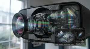 A photorealistic cutaway of an HDR projector illustrating the internal light path, lens elements, and dynamic contrast enhancement algorithm.