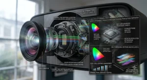 An advanced photorealistic illustration of the colour processing chip, 4K pixel shifter, and data-driven chroma control.