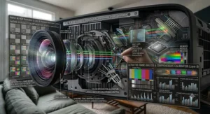 A photorealistic illustration featuring professional manual calibration of the lens and high-speed frame processing architecture.