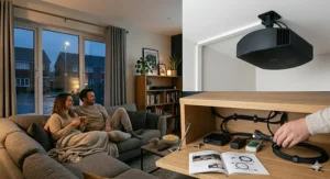 A tidy projector installation showing effective cable management solutions for a seamless home cinema aesthetic.