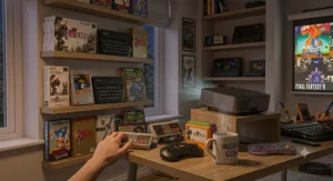 A compact, portable 1080p projector designed for gaming, positioned on a coffee table.