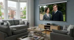 A compact 1080p projector used for an outdoor movie night in a UK garden.