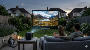 A portable 4K projector setup in a British garden, illustrating an outdoor cinema experience during twilight.