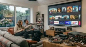 A home cinema projector screen showing a modern smart interface layout with UK streaming applications, as a couple points at the menu options from their grey sofa.