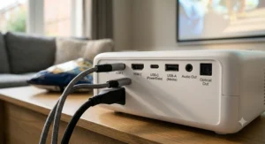 Close-up of a projector rear panel showing essential HDMI and USB ports for connecting gaming consoles and streaming sticks.