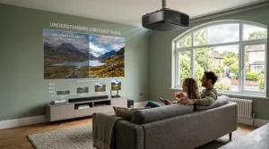 A comparison chart demonstrating how varying contrast ratios influence black levels and shadow detail in 4K projector displays.