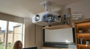 An illustration of a projector in a quiet home cinema room, highlighting the need for low-noise hardware.