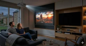 A home cinema projector displaying a high-contrast film scene in a dimmed lounge.