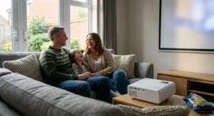 A diagram illustrating how projector brightness levels affect visibility in a typical British living room.