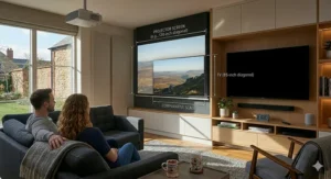 A diagram illustrating the vast difference in screen size between a projector and a standard television.