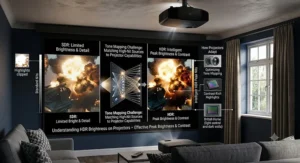 Visual explanation of how projectors manage peak brightness for HDR content in British homes.