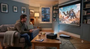 Gaming on a high-definition laser projector under £1000 with a games console connected.