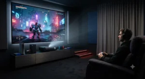Vibrant 4K visuals from a short throw projector for gaming on a dedicated projection screen in a darkened home cinema.