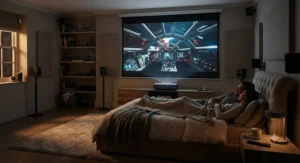 A high-definition 4K ultra short throw projector setup transforming a bedroom into an immersive home cinema experience.