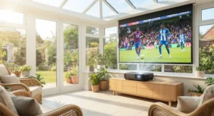 High-brightness 4K ultra short throw projector performing clearly in a well-lit conservatory