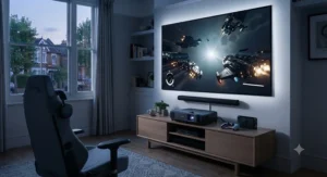 A 4K ultra short throw projector being used for immersive console gaming on a large wall
