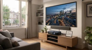 A 4K ultra short throw projector paired with an ambient light rejecting screen for optimal viewing