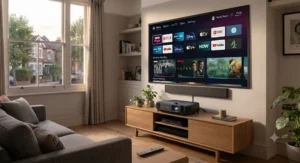 Interface of a 4K ultra short throw projector showing streaming apps for home entertainment