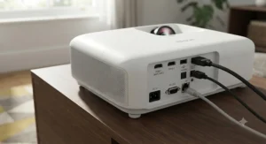 Close-up of a high-quality 4K ultra-short-throw projector under £2000 showing its sleek design and connectivity ports.