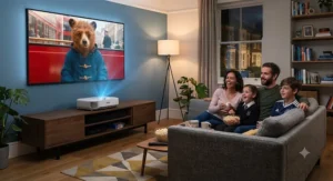 A family enjoying a film night in a UK home using a 4K UST projector under £2000.